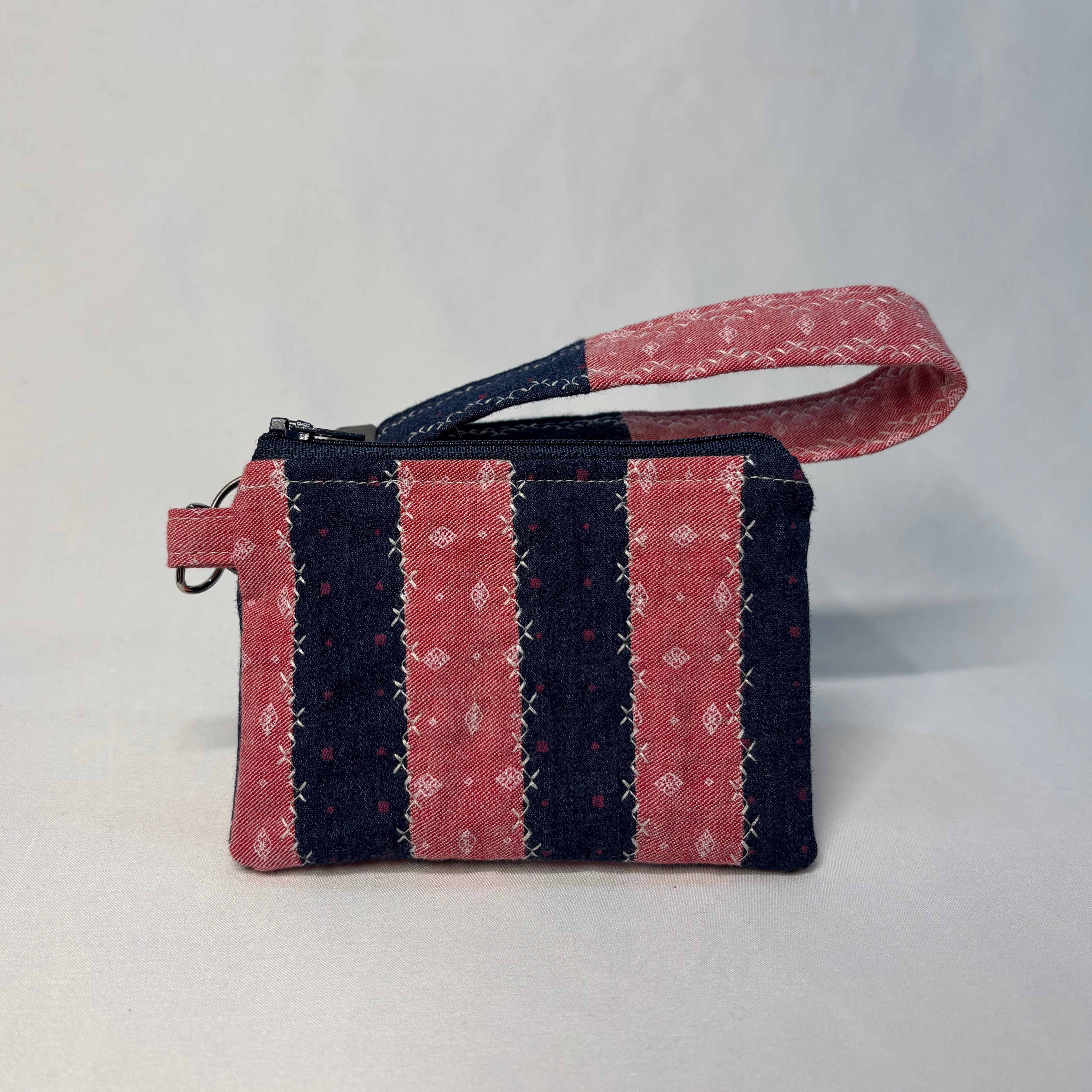 Upcycled Fabric Wristlet Pouch - Pink & Navy print stripes
