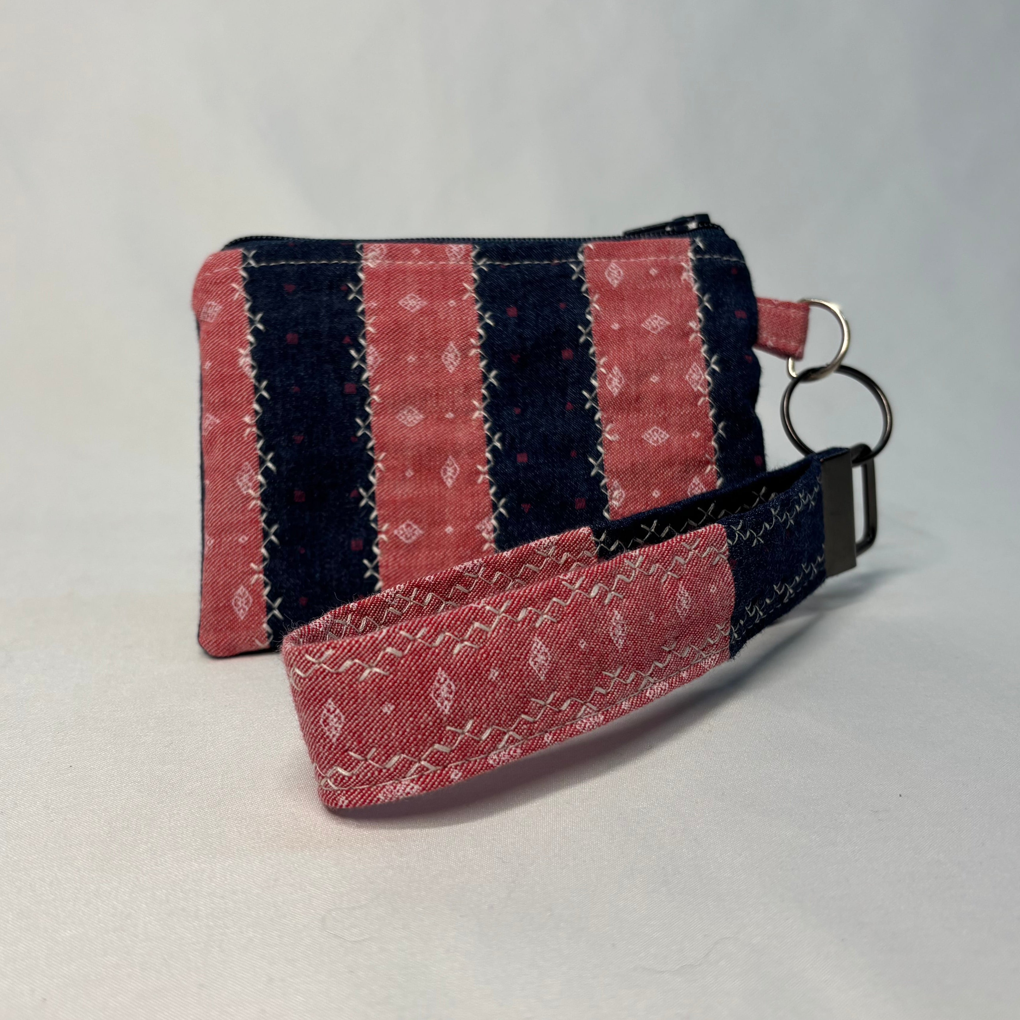 Upcycled Fabric Wristlet Pouch - Pink & Navy print stripes