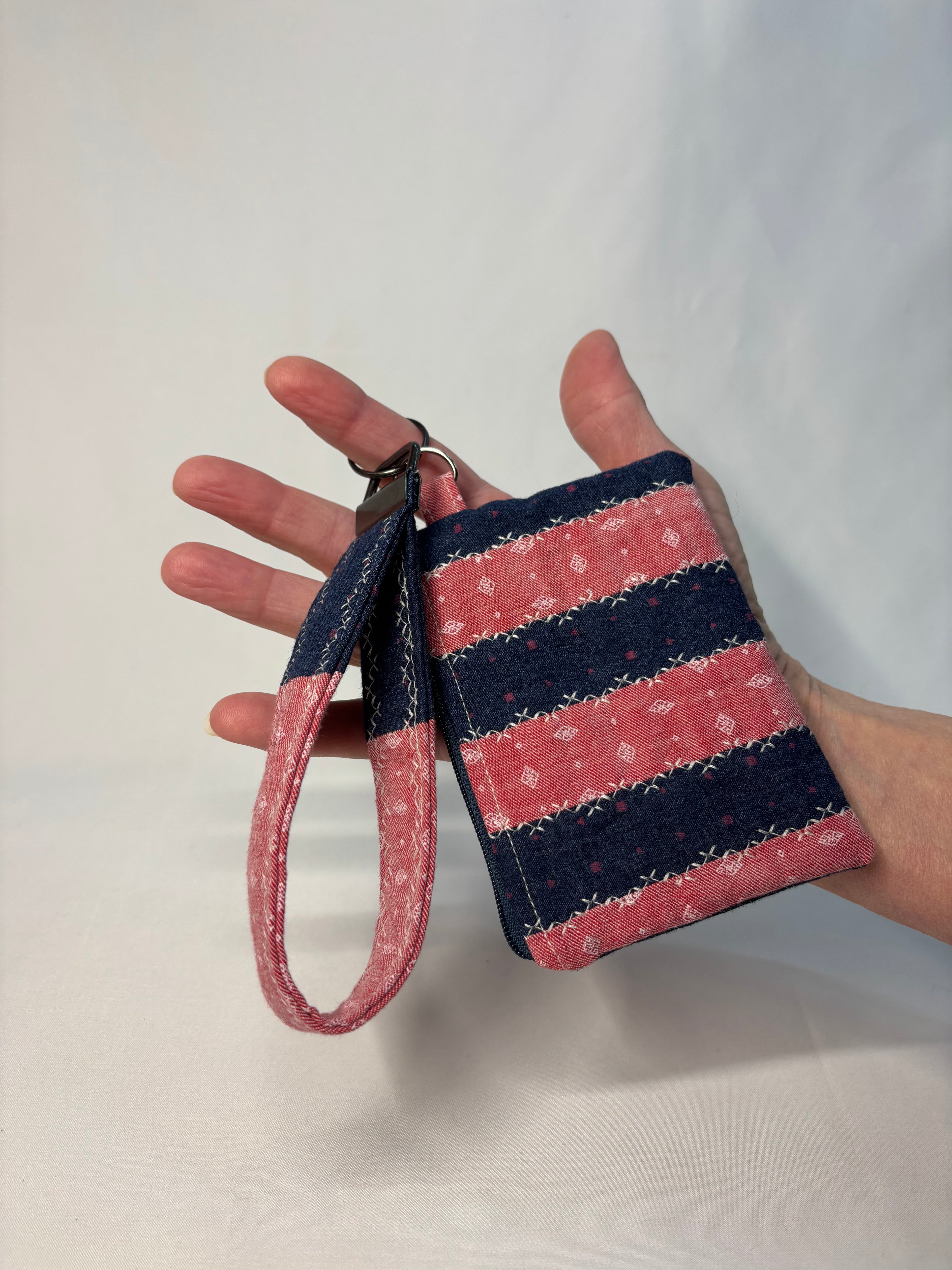 Upcycled Fabric Wristlet Pouch - Pink & Navy print stripes