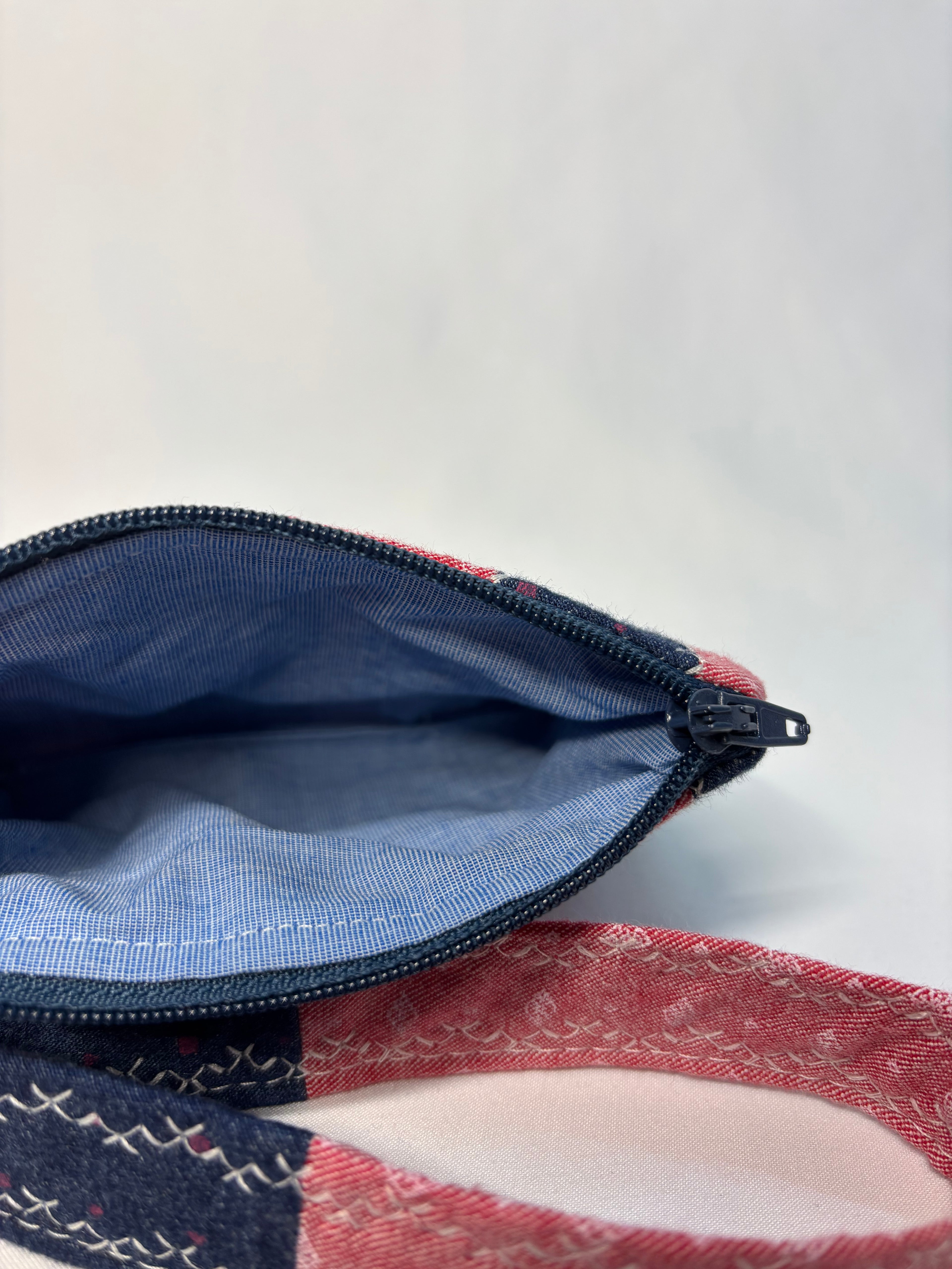 Upcycled Fabric Wristlet Pouch - Pink & Navy print stripes