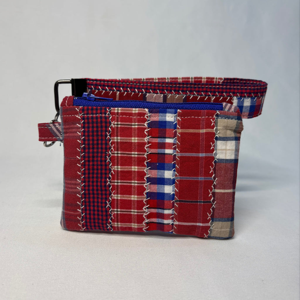 Upcycled Patchwork Wristlet Pouch Red Plaid blue zipper