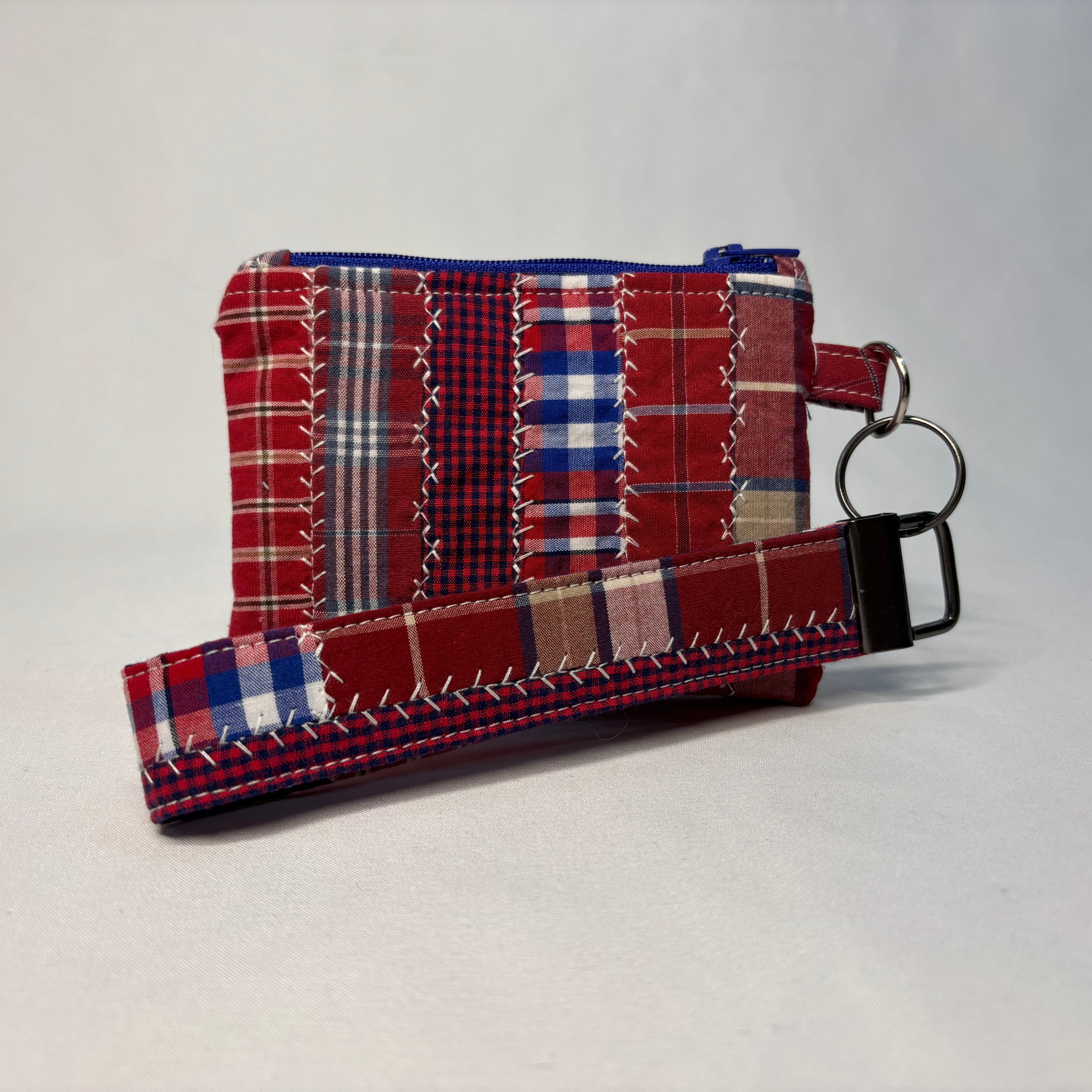 Upcycled Patchwork Wristlet Pouch Red Plaid blue zipper