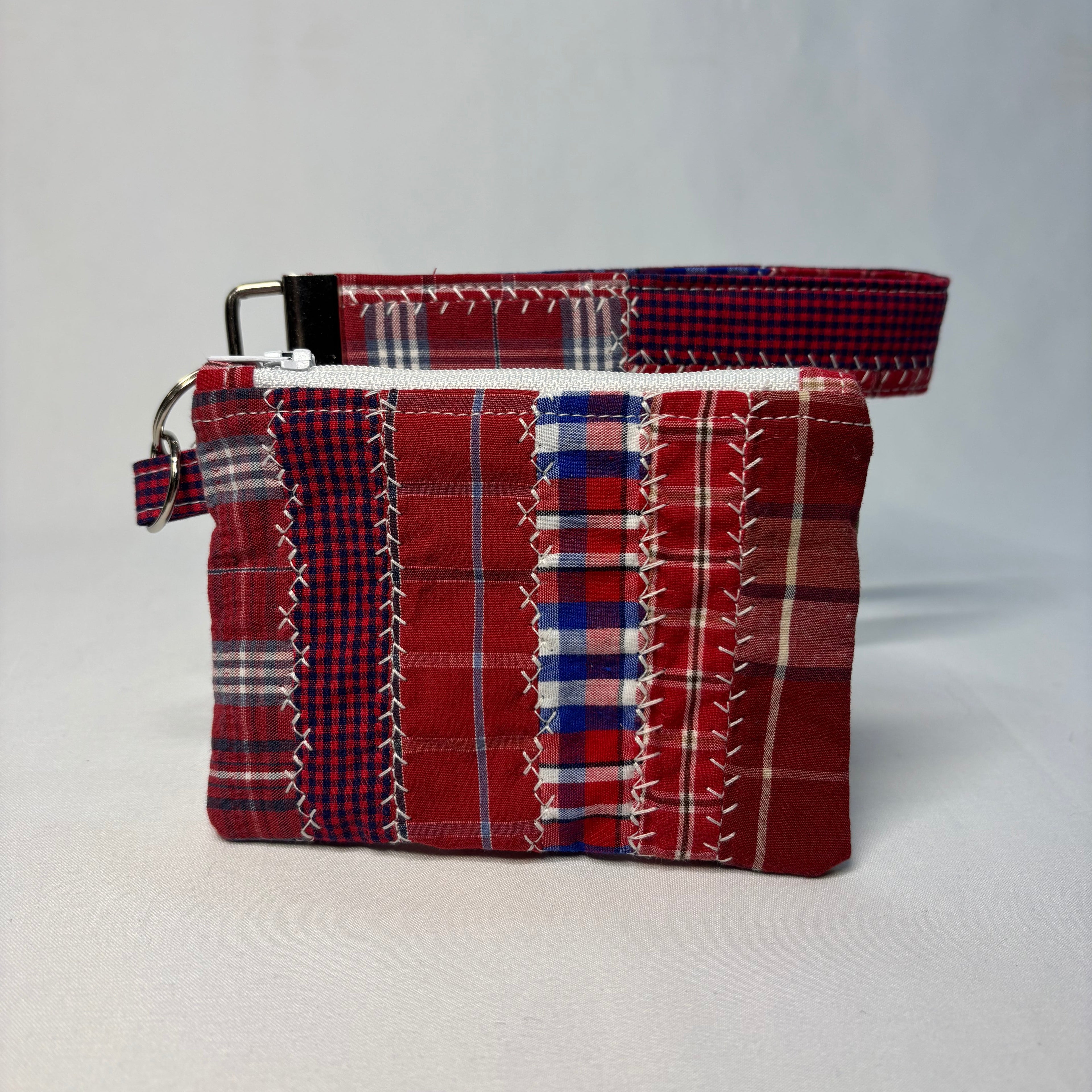 Upcycled Patchwork Wristlet Pouch Red Plaid White Zipper