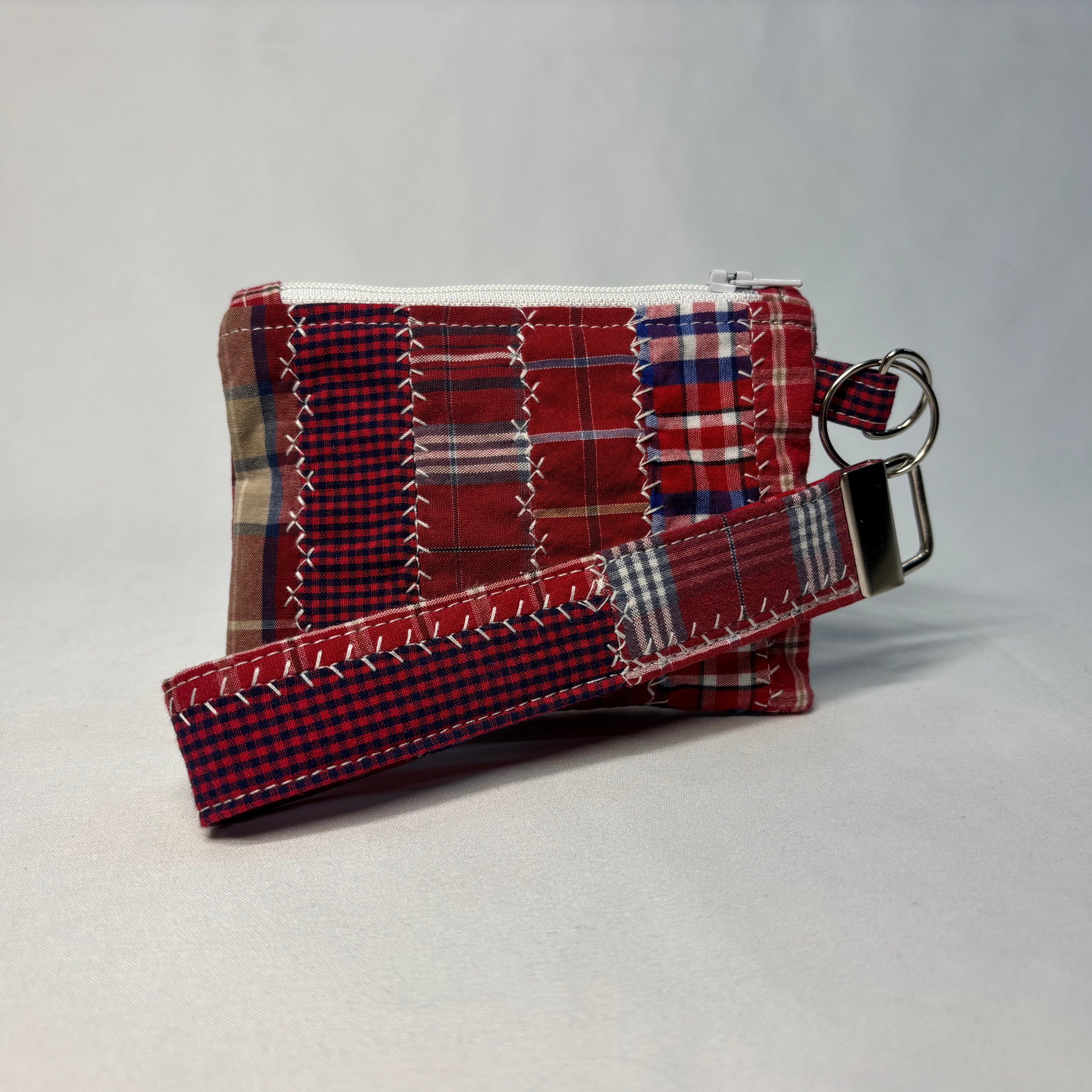 Upcycled Patchwork Wristlet Pouch Red Plaid White Zipper