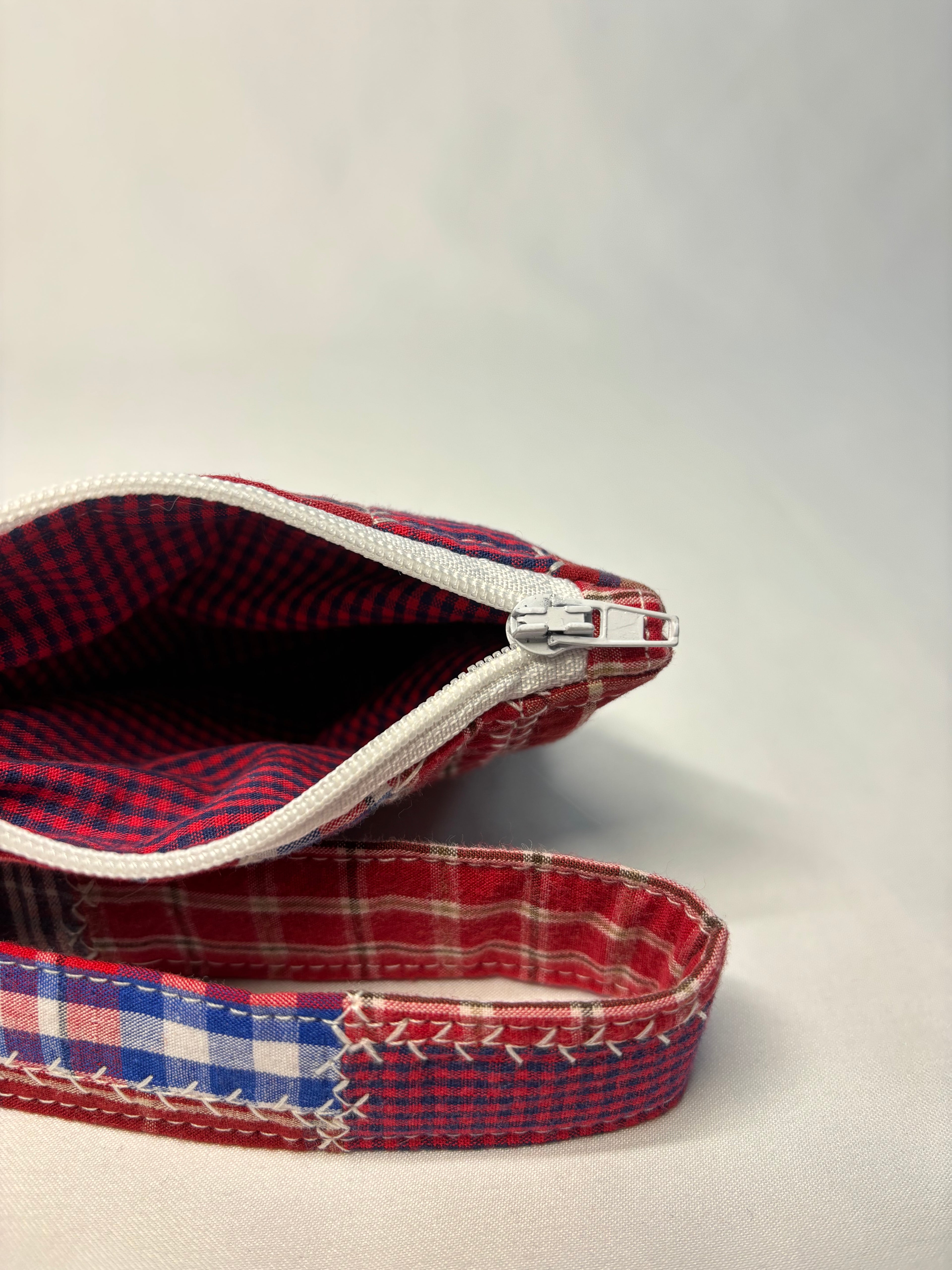 Upcycled Patchwork Wristlet Pouch Red Plaid White Zipper