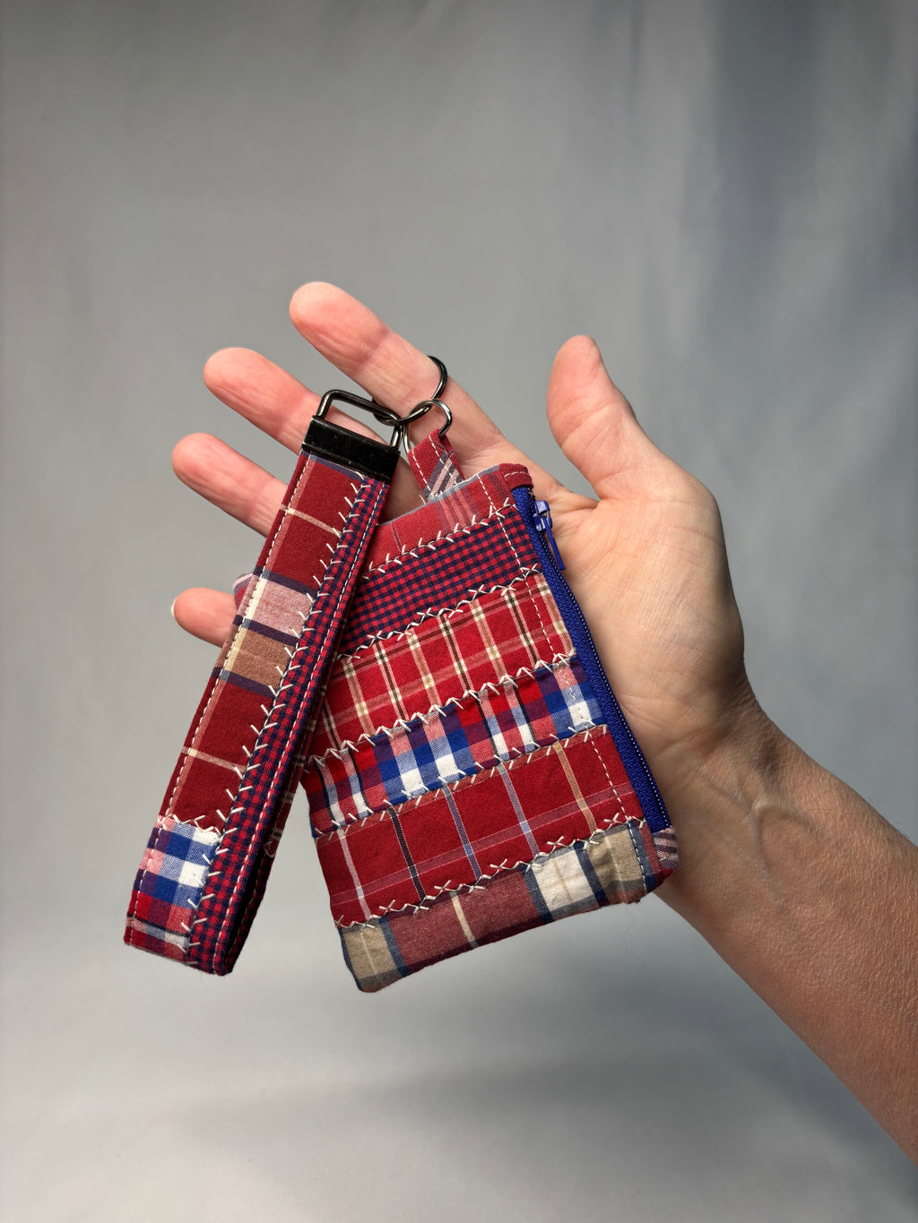 Upcycled Patchwork Wristlet Pouch Red Plaid blue zipper