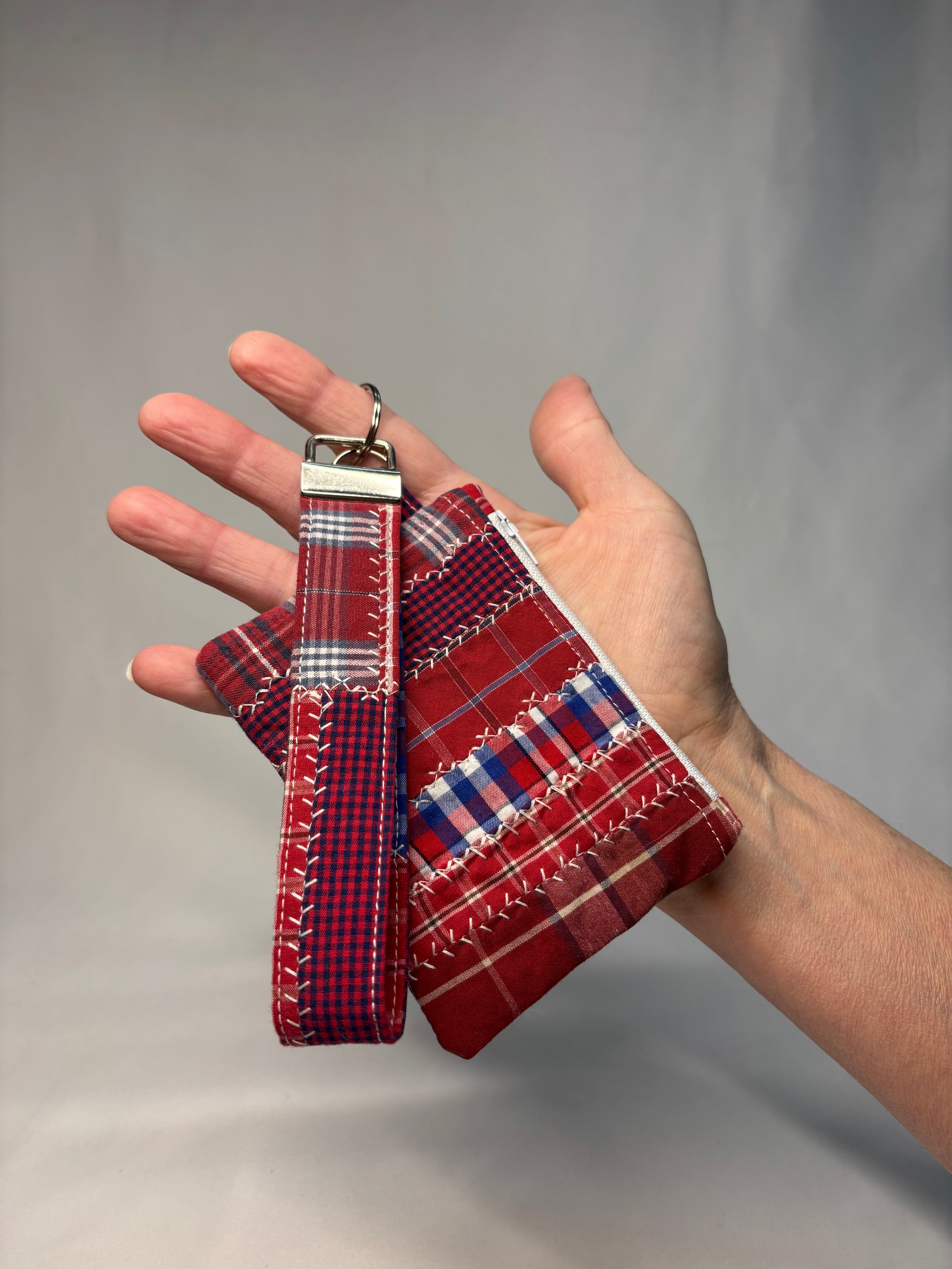 Upcycled Patchwork Wristlet Pouch Red Plaid White Zipper